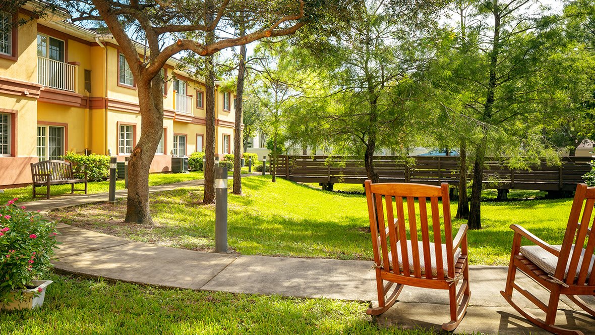 A peaceful garden area with a wooden bench, surrounded by lush greenery and trees.