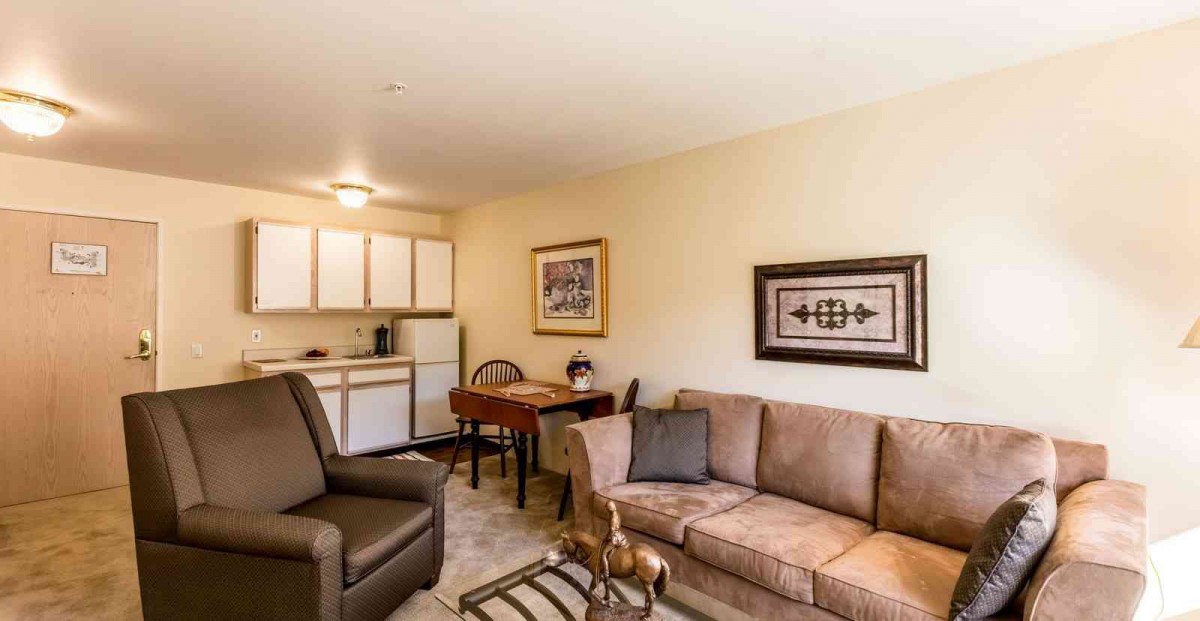 A cozy living room with a kitchenette, featuring a sofa, armchair, and decorative artwork.