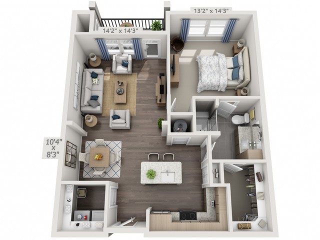 A 1-bedroom apartment floor plan featuring an open living area with a kitchen, a bathroom, and a balcony.