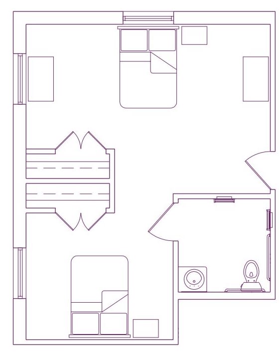 A floor plan illustrating the layout of a residential space with labeled rooms and furniture.
