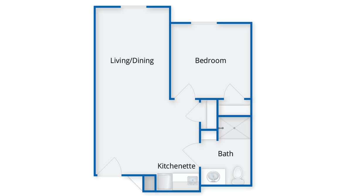 Floor plan of a one-bedroom apartment with living/dining area, kitchenette, and bath.