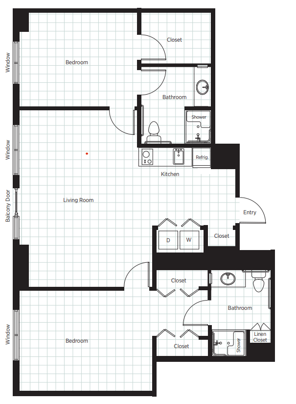 An architectural floor plan showing the layout of an apartment with designated areas for a bedroom, bathroom, kitchen, and living space.
