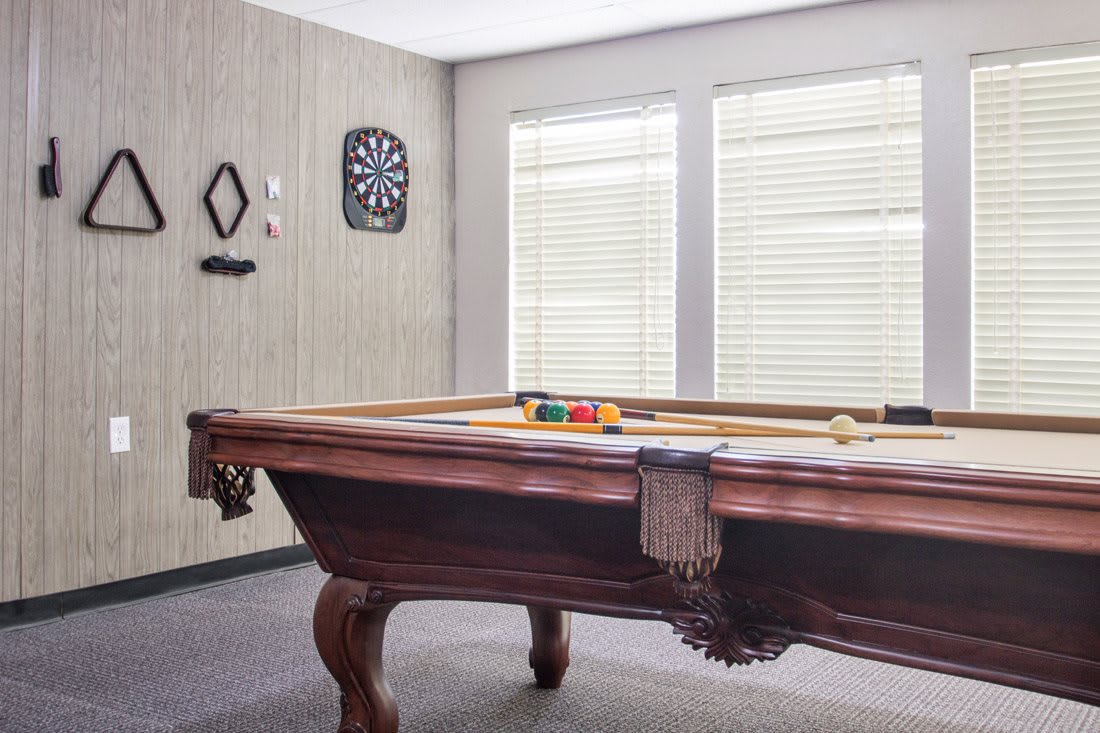 A game room featuring a stylish pool table and dartboard.