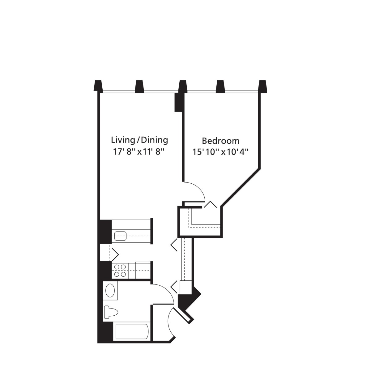 A floor plan showing the layout of a one-bedroom apartment with designated living/dining and bathroom areas.