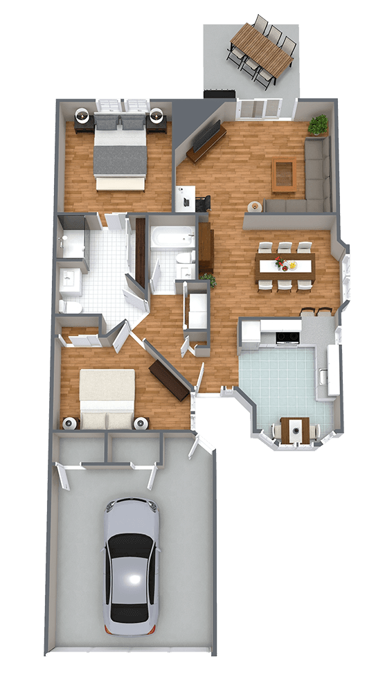 A 3D rendered floor plan of a residential home, showcasing various rooms and a garage.