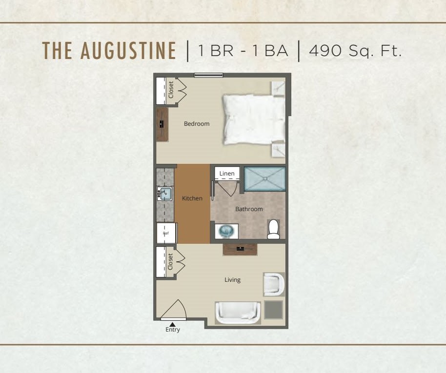 The Augustine: A compact 490 sq. ft. one-bedroom, one-bathroom floor plan.