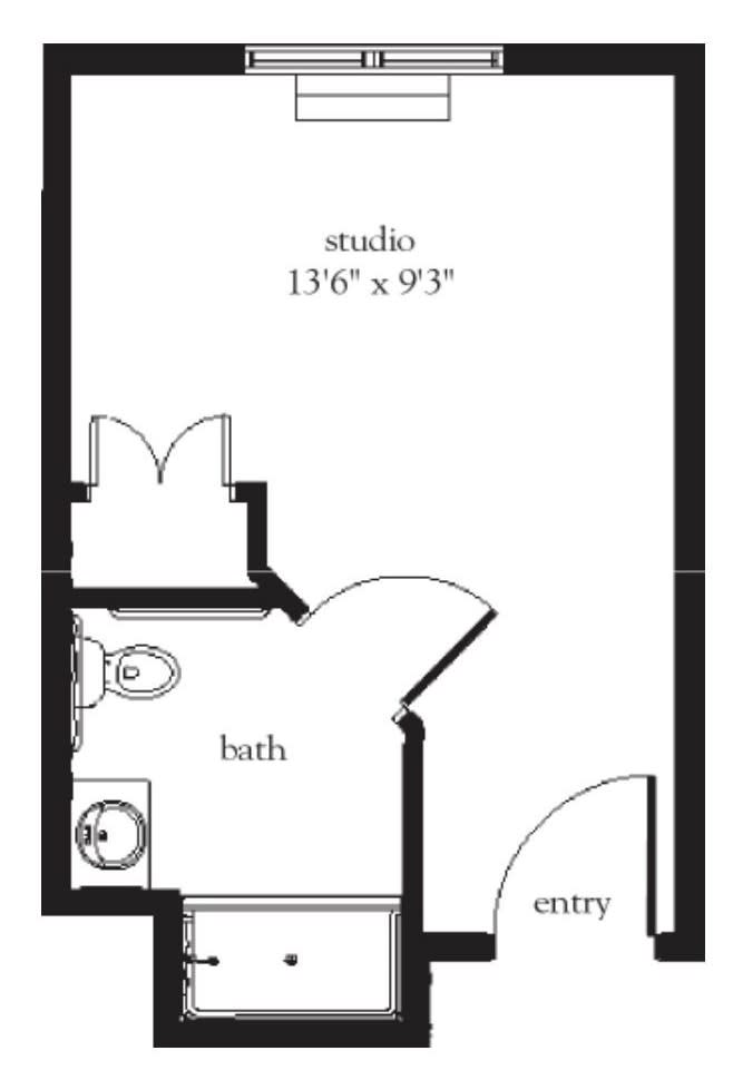 A floor plan of a studio apartment showcasing the layout with dimensions.