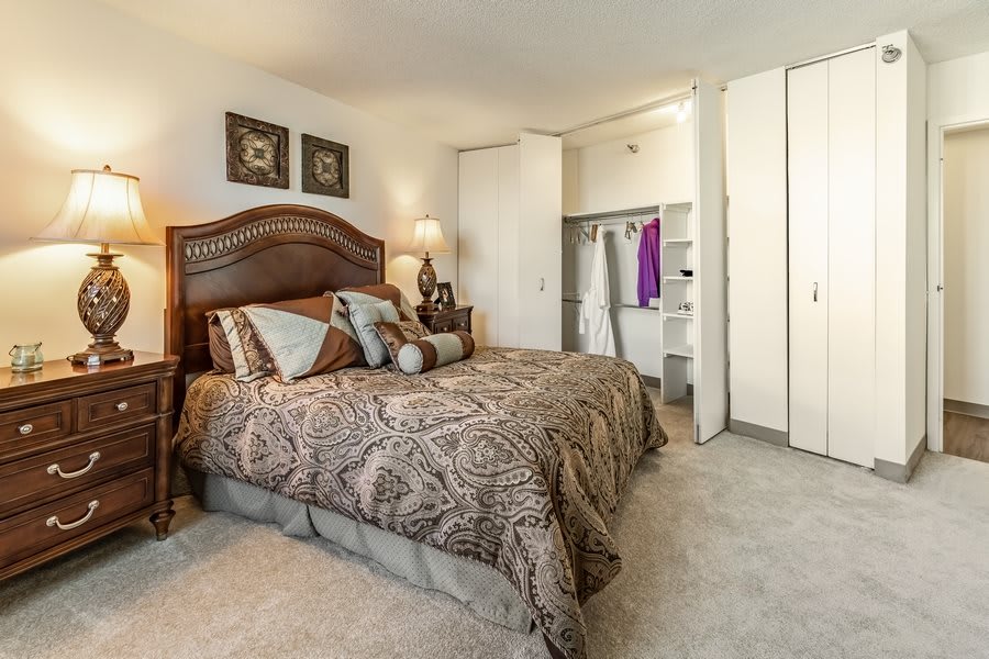 A cozy bedroom interior with a large bed and an open closet.
