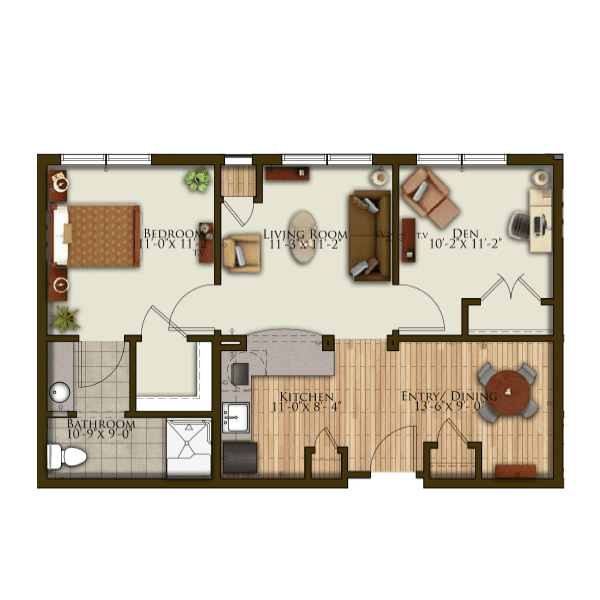 A detailed floor plan illustrating the layout of an apartment with designated areas for living, dining, kitchen, bedroom, and bathroom.