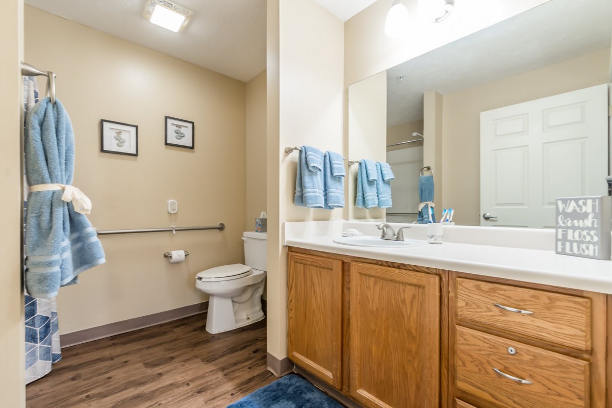 A well-lit bathroom with a large mirror, wooden cabinets, and blue accents.