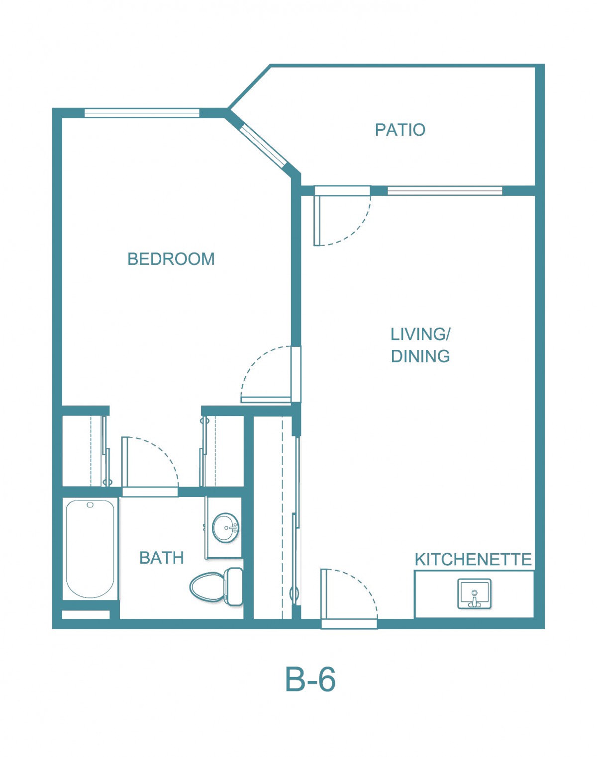 A floor plan of a one-bedroom apartment featuring a living/dining area, kitchen, patio, and bathroom.