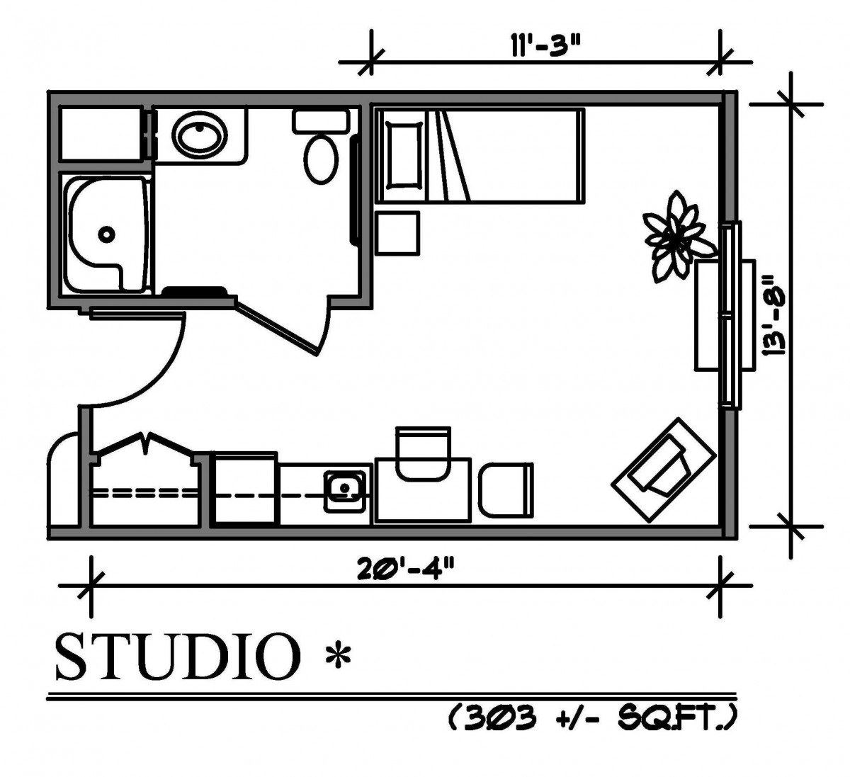 A floor plan of a compact studio apartment measuring approximately 363 square feet.