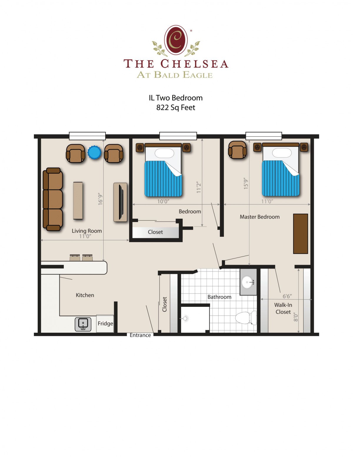 A floor plan of a two-bedroom apartment at The Chelsea, featuring a living room, kitchen, and bathroom.