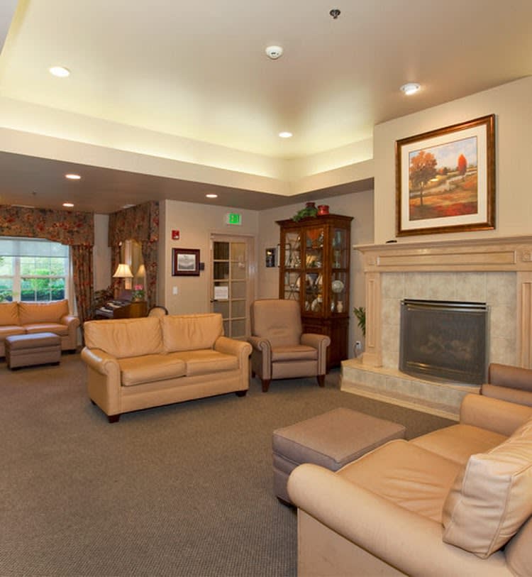 A cozy living room with sofas, a fireplace, and decorative elements.