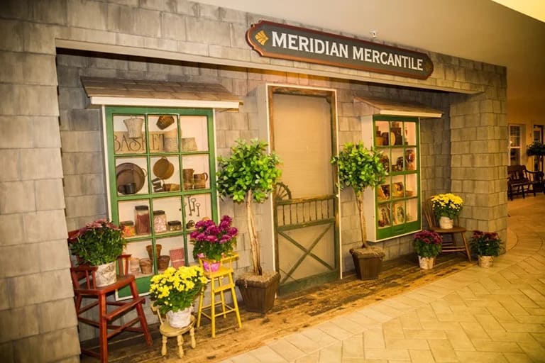 The charming storefront of Meridian Mercantile, adorned with colorful flowers and decorative plants.