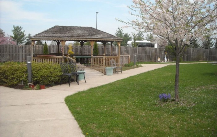A peaceful garden setting with a gazebo and paved pathway surrounded by greenery and blossoming trees.