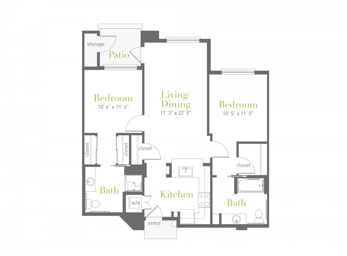 A detailed floor plan of a two-bedroom apartment with labeled rooms.