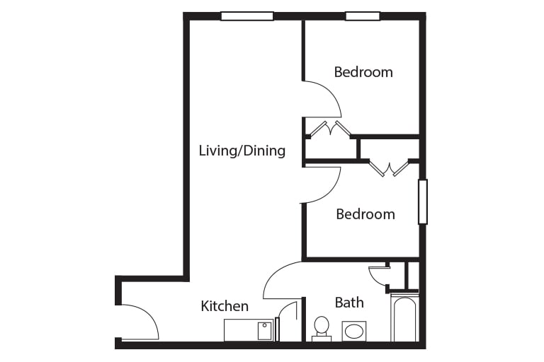 A simple floor plan of a two-bedroom apartment with a living/dining area, kitchen, and bathroom.