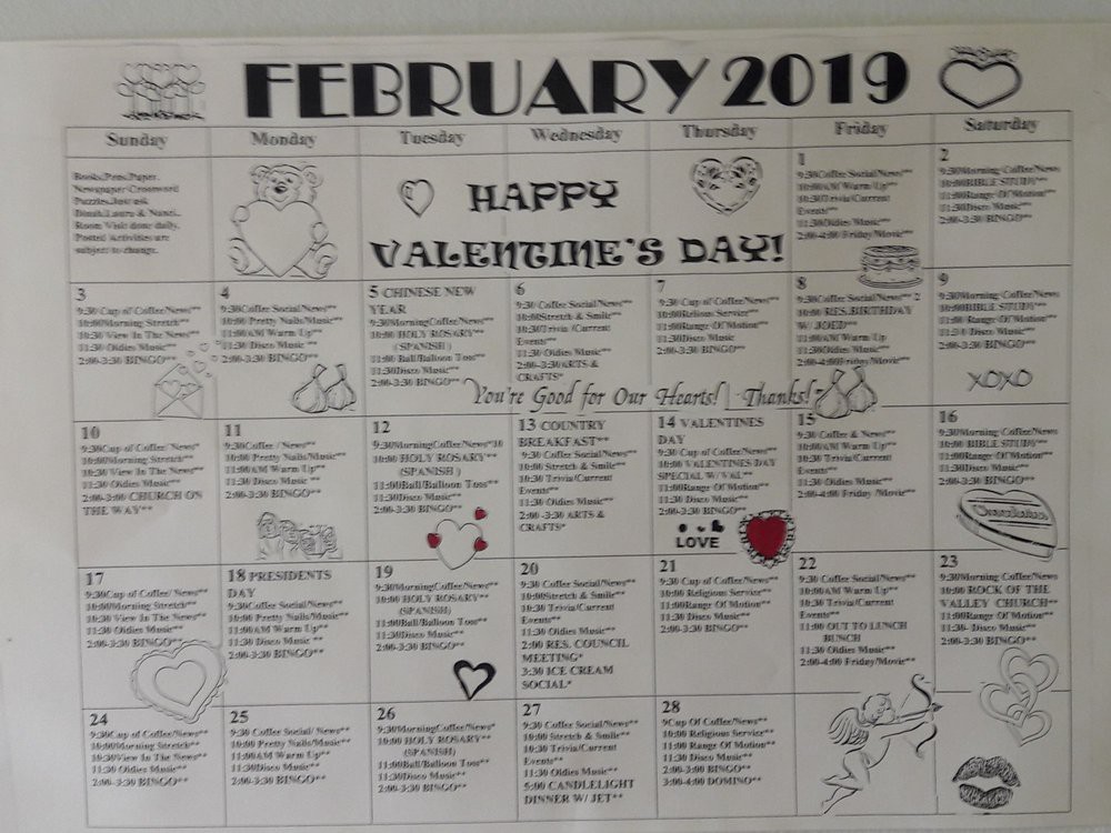 A decorated February 2019 calendar featuring Valentine's Day.