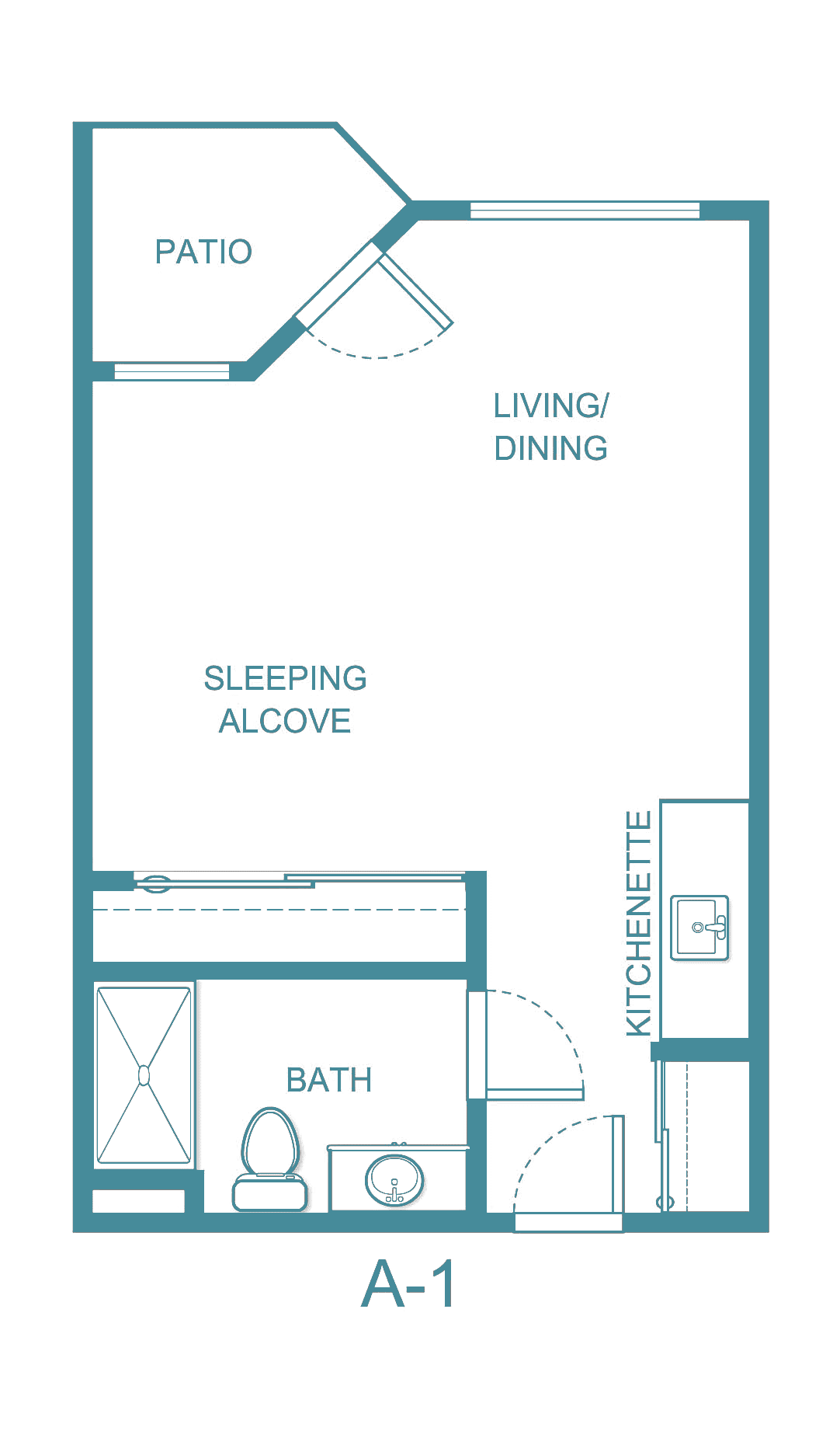 Studio apartment floor plan with sleeping alcove, living/dining area, kitchenette, and bath.