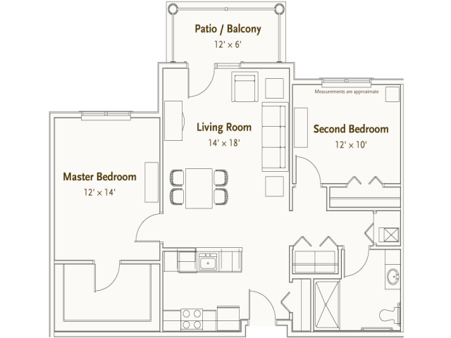 This image is a floor plan of an apartment with two bedrooms, a living room, and a patio/balcony.