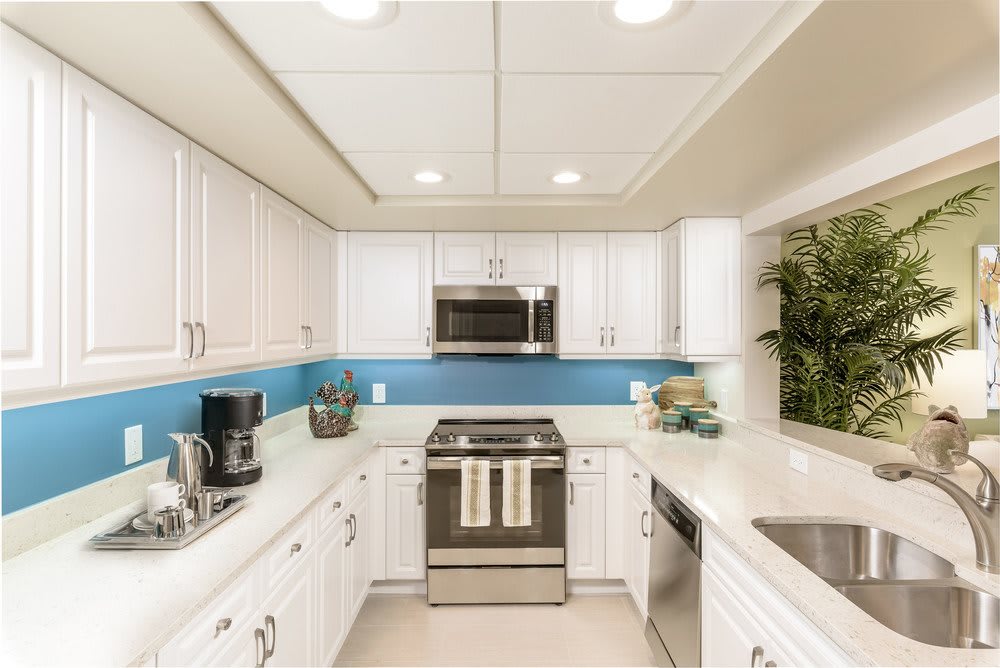 A modern kitchen featuring white cabinets and stainless steel appliances, including an oven, microwave, and coffee maker. An indoor plant adds a touch of greenery.