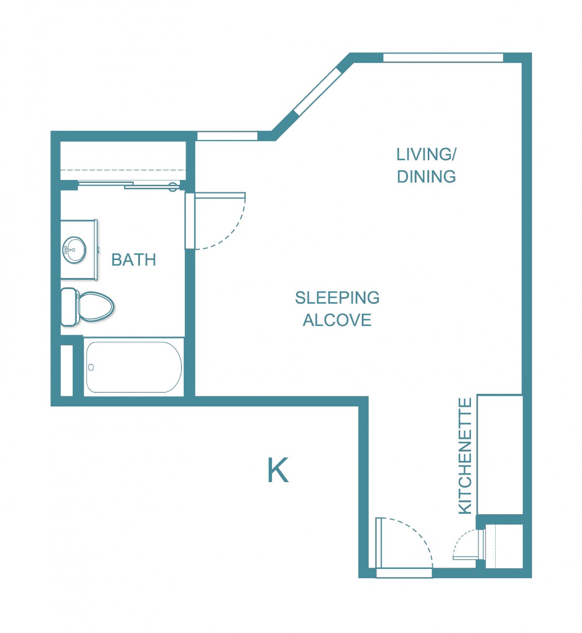Blueprint of a studio apartment with a sleeping alcove, bathroom, and living/dining area.