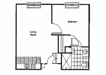 A floor plan of a one-bedroom apartment with a living room and bathroom.