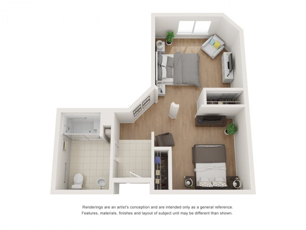 3D floor plan of a two-bedroom apartment with living room and bathroom.