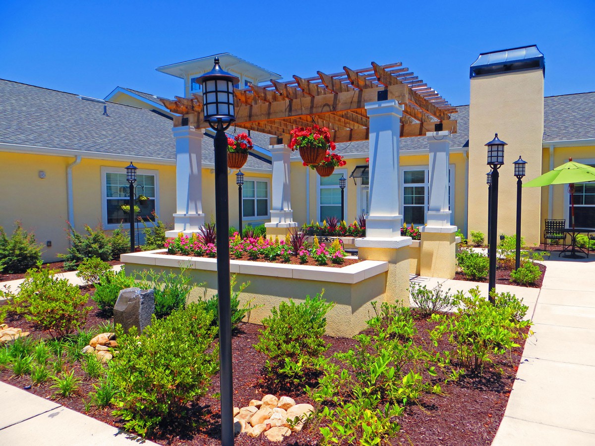 A beautifully landscaped garden with a wooden pergola and vibrant flowers under a clear blue sky.