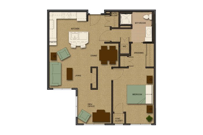 A detailed floor plan showcasing the layout of a residential apartment with specified areas for living, dining, and sleeping.