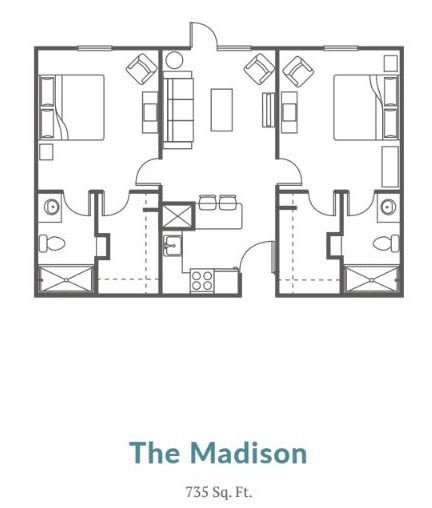 The Madison apartment floor plan featuring a two-bedroom layout with shared living room and kitchen.