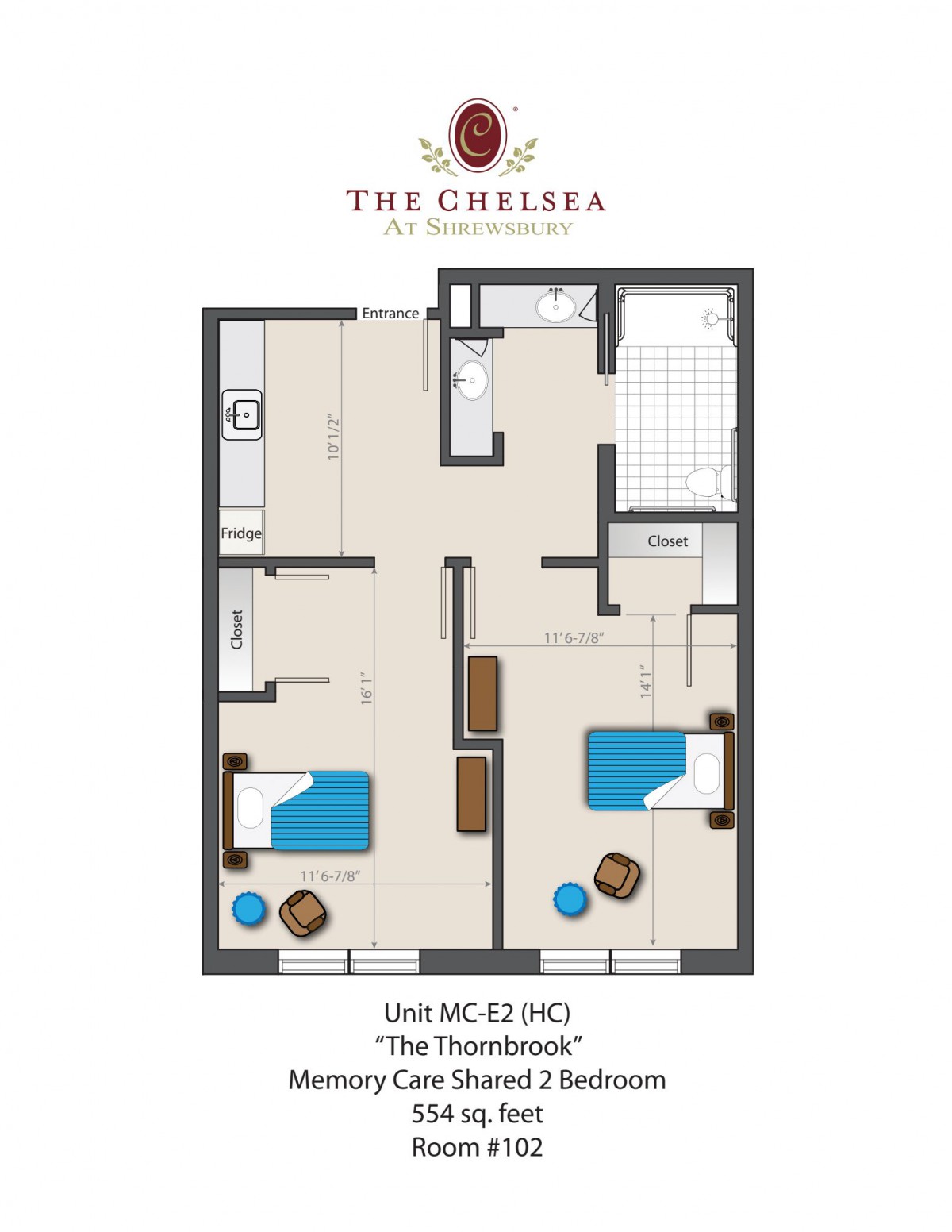 A two-bedroom apartment floor plan at The Chelsea, featuring a shared living space and kitchen.