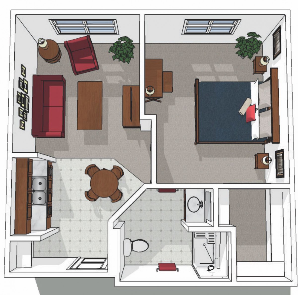 A compact apartment floor plan featuring a living room, bedroom, kitchen, and bathroom.