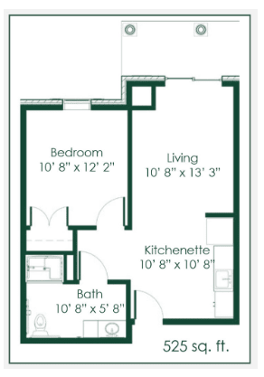 A detailed floor plan showing the layout of a one-bedroom apartment with a living area, kitchenette, and bathroom.