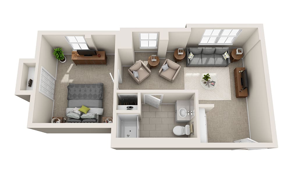 A 3D floor plan of a modern 1-bedroom apartment featuring a living room, bedroom, kitchen, and bathroom.