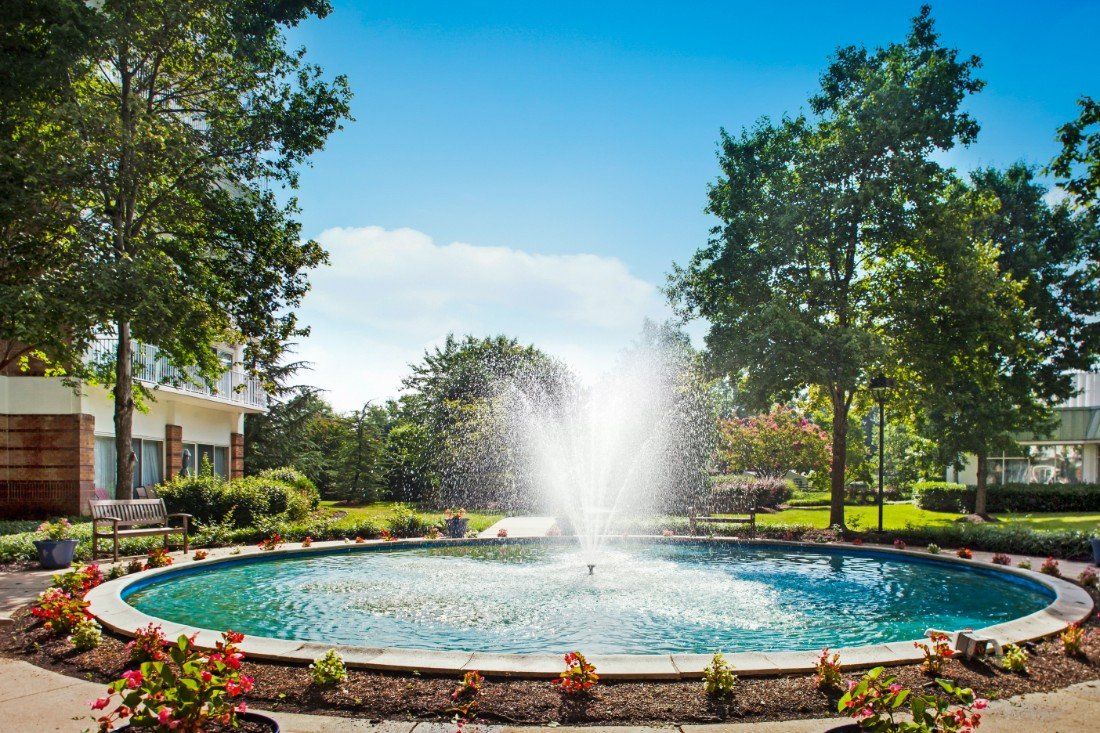 A beautiful garden scene featuring a central fountain surrounded by lush greenery and trees.