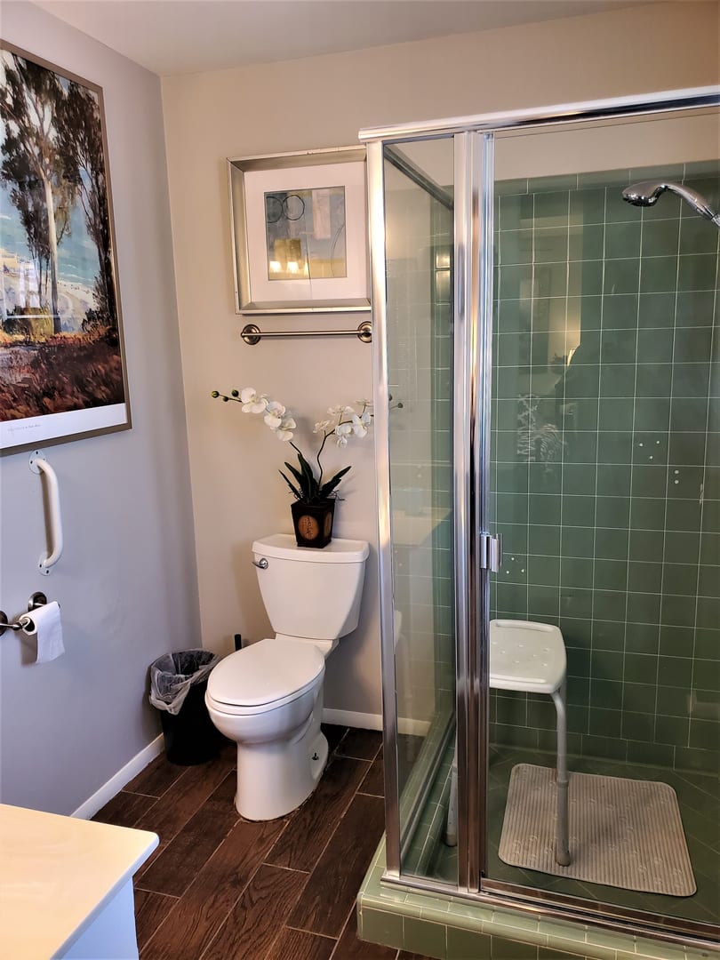 A modern bathroom featuring a glass-enclosed shower with green tiles, a toilet, and decorative elements such as an indoor plant and wall art.