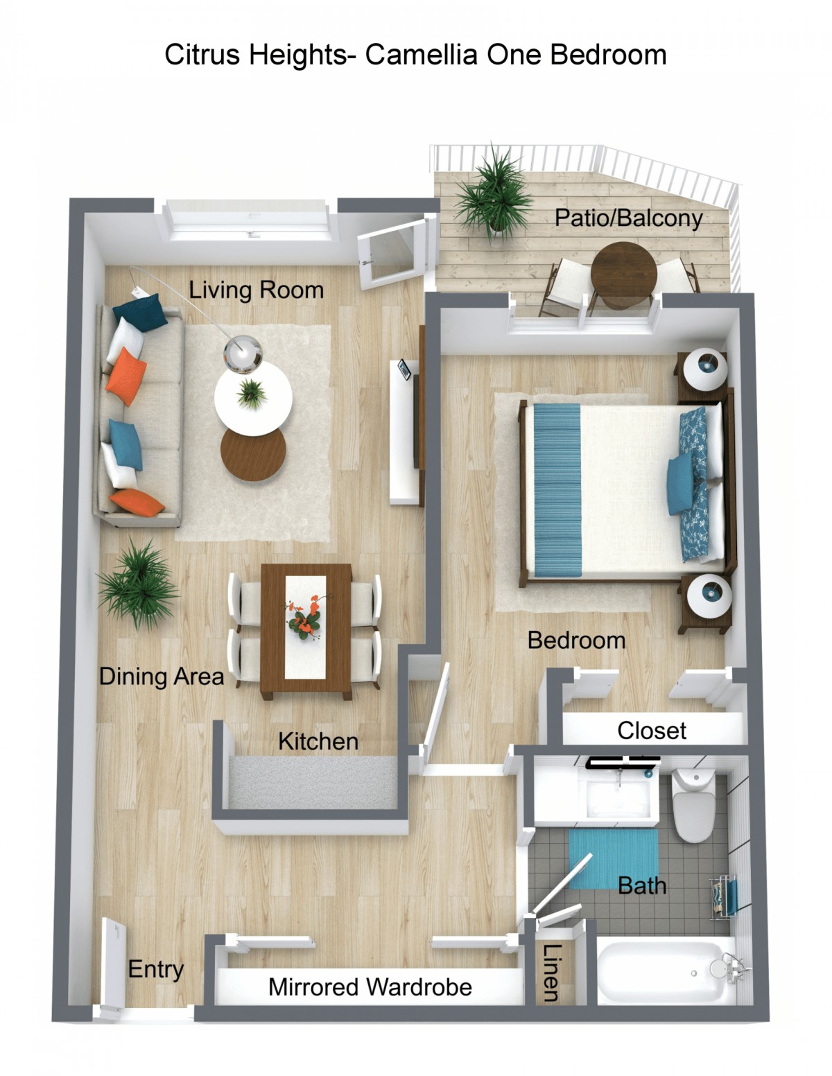 One-bedroom apartment floor plan featuring a living room, dining area, kitchen, bedroom with balcony access, bathroom, and closet.