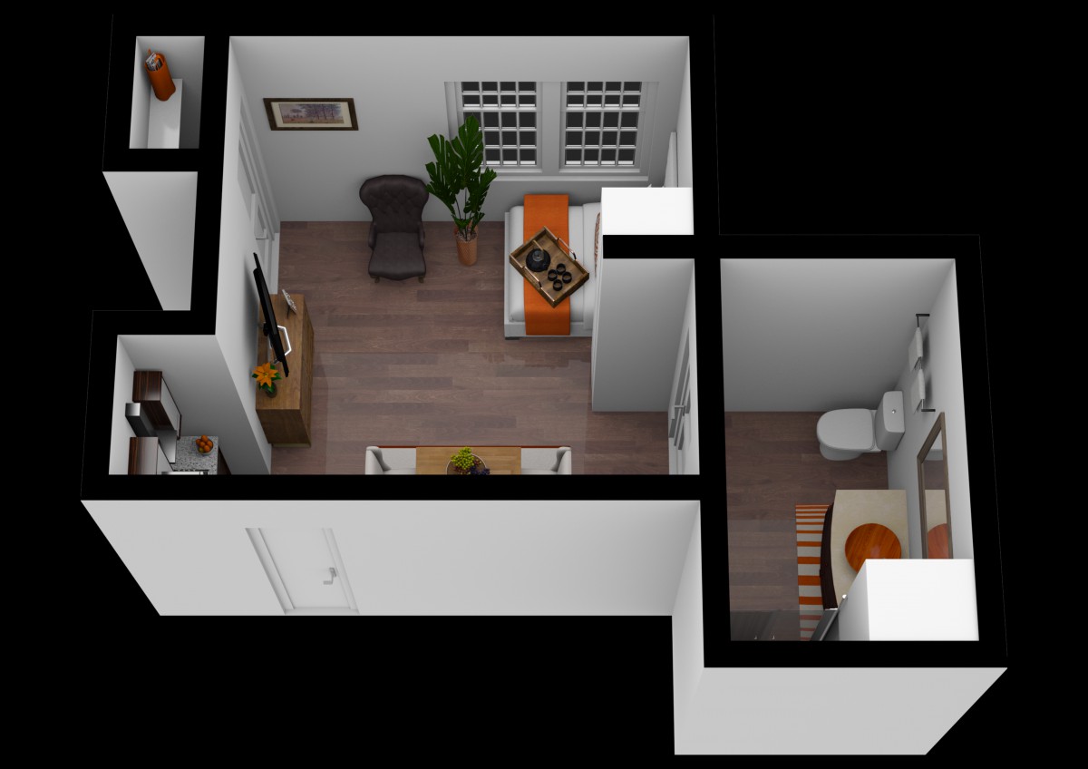 A 3D floor plan depicting a cozy apartment with a living area, bedroom, and bathroom.