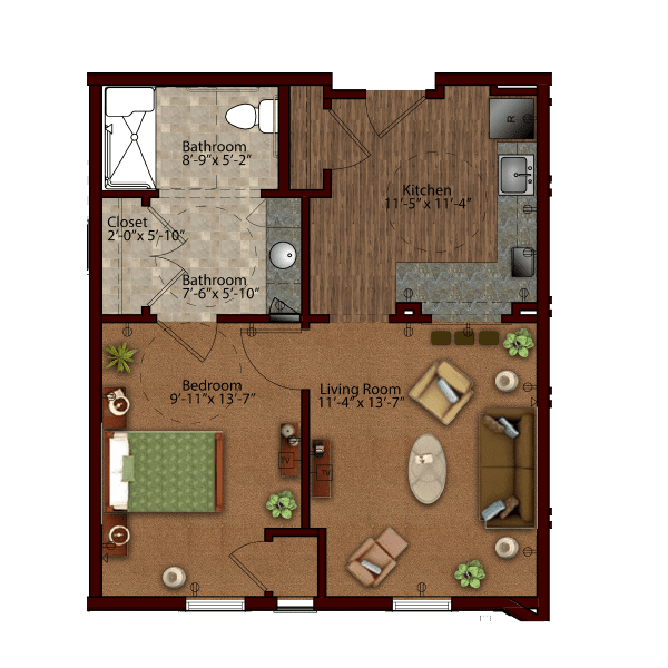A detailed floor plan of a one-bedroom apartment featuring a living room, kitchen, and bathroom.