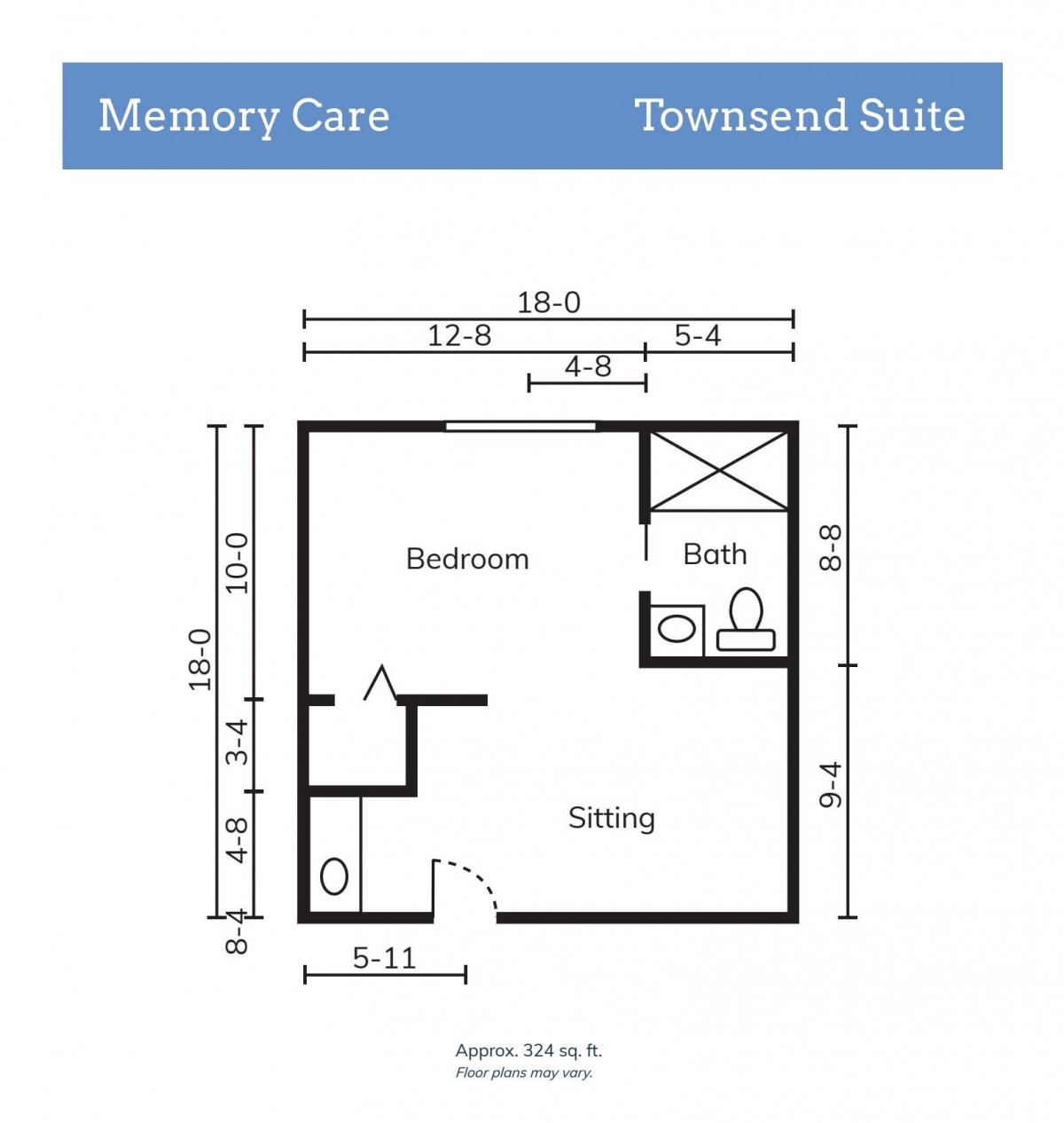 Floor plan of the Townsend Suite, featuring a bedroom, bathroom, and living area.