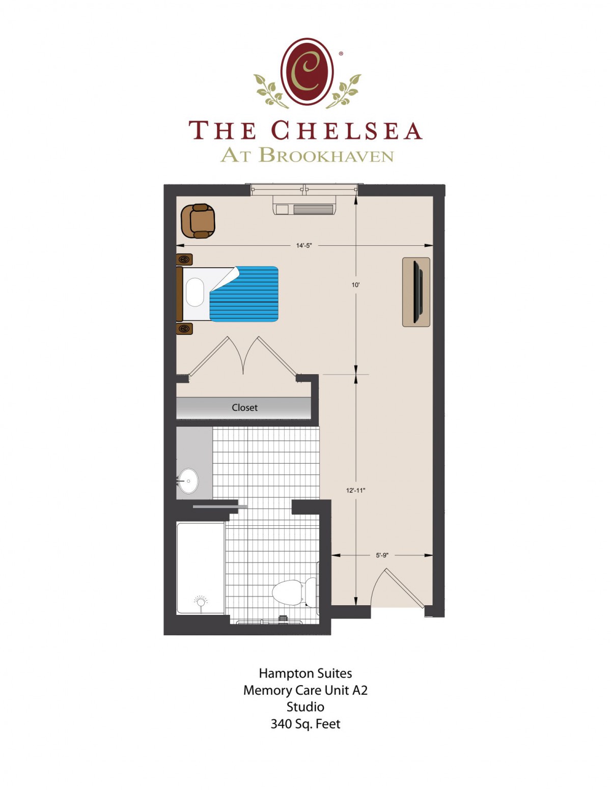 Floor plan of a studio apartment at The Chelsea, featuring a combined living and sleeping area, a kitchen, and a bathroom.