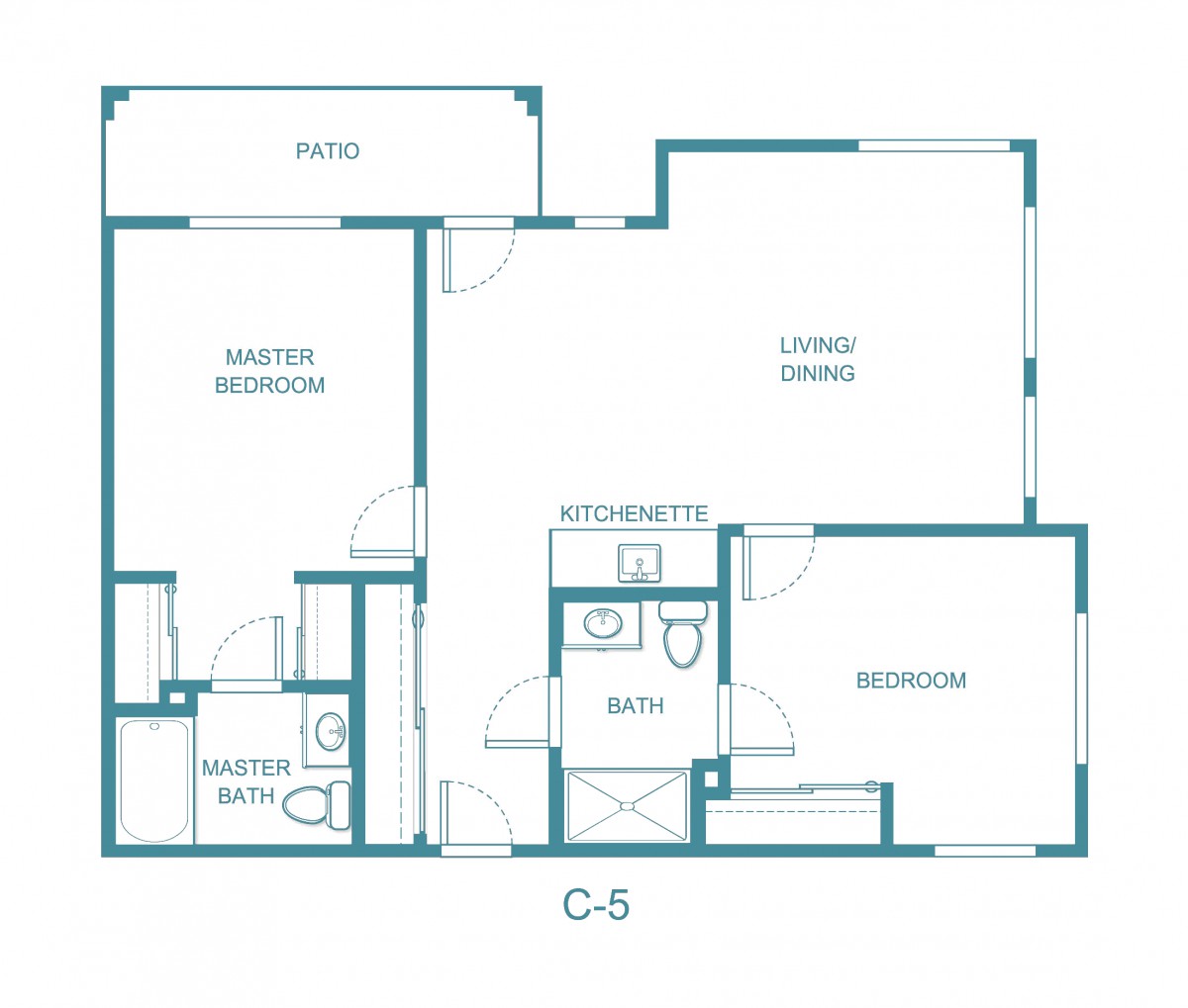 Floor plan of a two-bedroom apartment featuring a living room, kitchen, master bedroom with en-suite bathroom, additional bedroom, and patio.