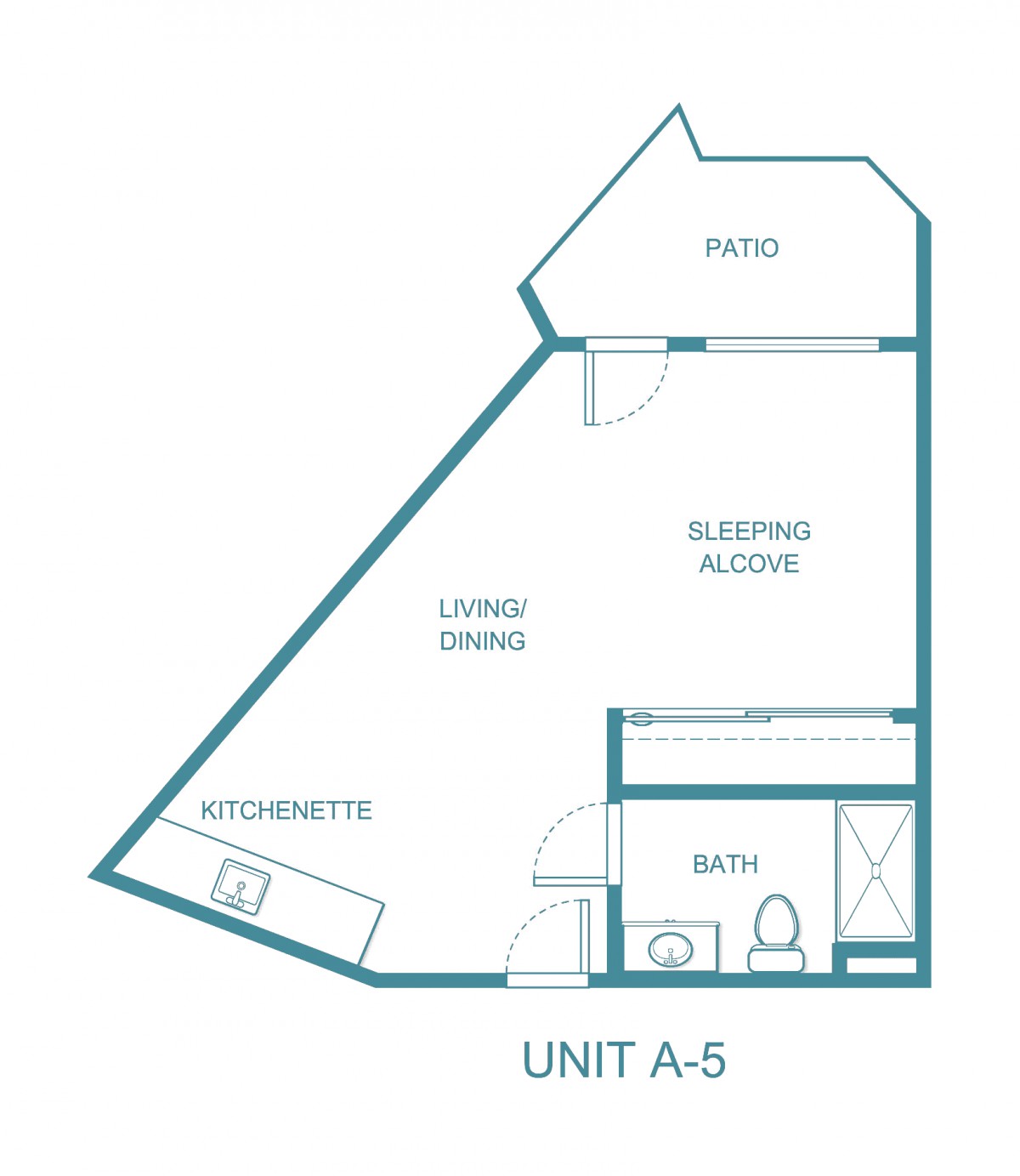 Floor plan for Unit A-5 featuring a kitchenette, living area, sleeping alcove, bathroom, and a patio.