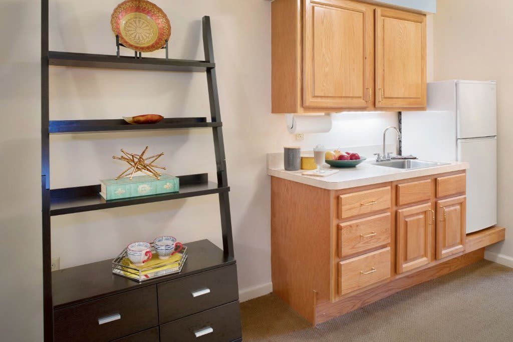 A compact kitchenette with wooden cabinets and a sleek shelving unit.
