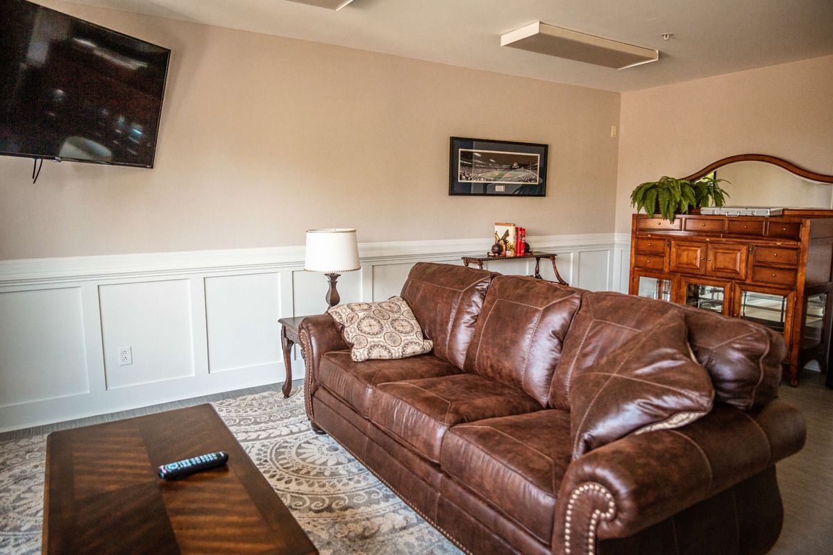 A cozy living room with a leather sofa, adorned with wall art and an indoor plant.