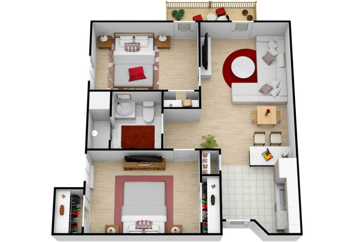 A 3D floor plan of a two-bedroom apartment showing furniture placement and room layout.