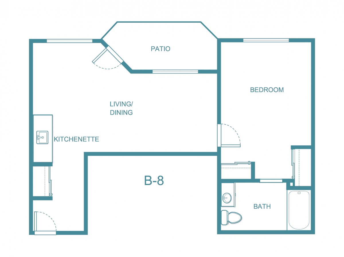 A simple floor plan featuring a one-bedroom apartment with a kitchenette, living/dining room, bathroom, and patio.