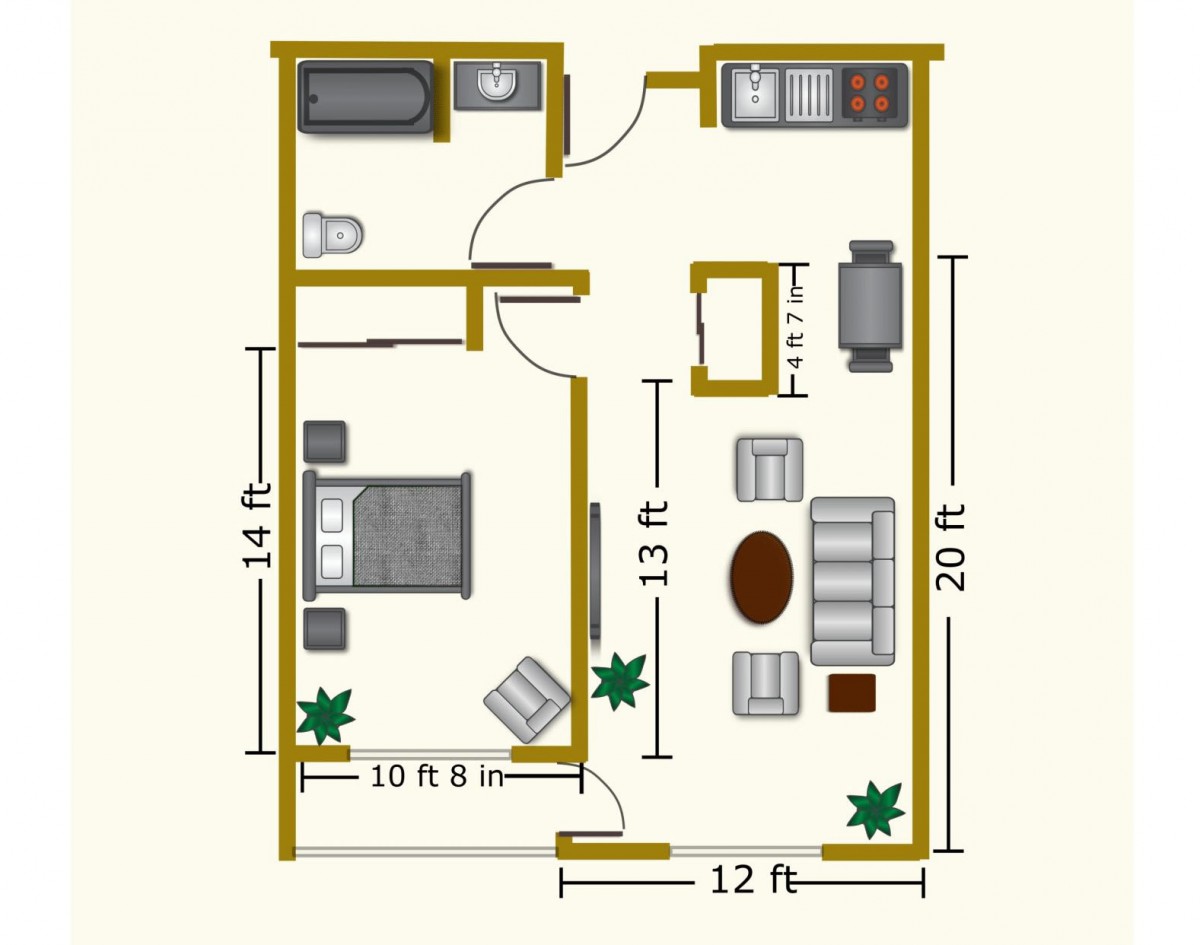 Floor plan of a one-bedroom apartment with furniture and dimensions labeled.